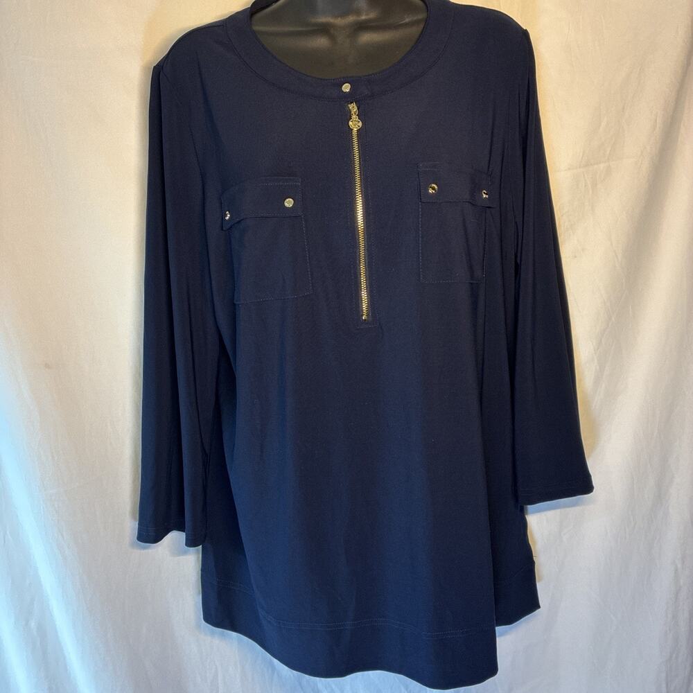ANNE KLEIN Woman's Large Navy 1/2 Zip Blouse Top Stylish Double Front Pockets